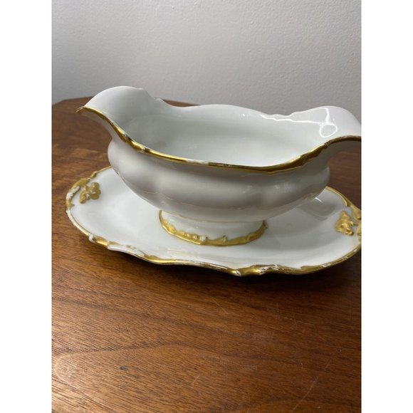 Limoges France Gravy Boat Dish Serving Bowl White Gold Scalloped Porcelain - Picture 5 of 11
